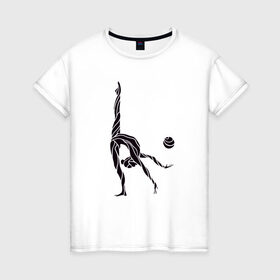 Женская футболка хлопок с принтом Гимнастка с мячом в Петрозаводске, 100% хлопок | прямой крой, круглый вырез горловины, длина до линии бедер, слегка спущенное плечо | Тематика изображения на принте: булавы | гимнастика | гимнастка | лента | мяч | обруч | художественная гимнастика