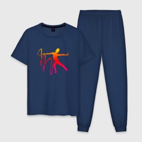 Мужская пижама хлопок с принтом Гимнастка с лентой 2 в Петрозаводске, 100% хлопок | брюки и футболка прямого кроя, без карманов, на брюках мягкая резинка на поясе и по низу штанин
 | булавы | гимнастика | гимнастка | лента | мяч | обруч | художественная гимнастика
