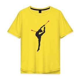 Мужская футболка хлопок Oversize с принтом Гимнастка с булавами в Петрозаводске, 100% хлопок | свободный крой, круглый ворот, “спинка” длиннее передней части | булавы | гимнастика | гимнастка | лента | мяч | обруч | художественная гимнастика