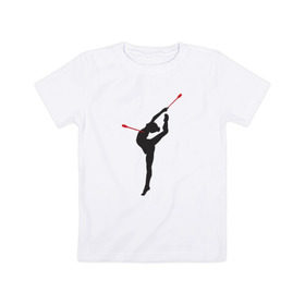Детская футболка хлопок с принтом Гимнастка с булавами в Петрозаводске, 100% хлопок | круглый вырез горловины, полуприлегающий силуэт, длина до линии бедер | булавы | гимнастика | гимнастка | лента | мяч | обруч | художественная гимнастика