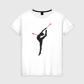 Женская футболка хлопок с принтом Гимнастка с булавами в Петрозаводске, 100% хлопок | прямой крой, круглый вырез горловины, длина до линии бедер, слегка спущенное плечо | булавы | гимнастика | гимнастка | лента | мяч | обруч | художественная гимнастика