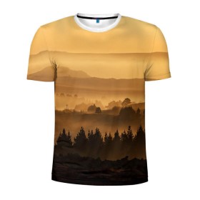 Мужская футболка 3D спортивная с принтом Родные просторы в Петрозаводске, 100% полиэстер с улучшенными характеристиками | приталенный силуэт, круглая горловина, широкие плечи, сужается к линии бедра | восход | горы | даль | закат | лес | небо | облака | природа | солнце