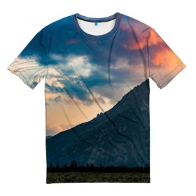 Мужская футболка 3D с принтом Закат в природе в Петрозаводске, 100% полиэфир | прямой крой, круглый вырез горловины, длина до линии бедер | 3д | гора | закат | национальный парк | природа