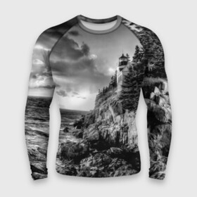 Мужской рашгард 3D с принтом Маяк в Петрозаводске,  |  | black   white | forest | lighthouse | photo | rocks | sea | shore | spruce | sunset | waves | берег | волны | ельник | закат | камни | лес | маяк | море