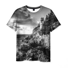 Мужская футболка 3D с принтом Маяк в Петрозаводске, 100% полиэфир | прямой крой, круглый вырез горловины, длина до линии бедер | black   white | forest | lighthouse | photo | rocks | sea | shore | spruce | sunset | waves | берег | волны | ельник | закат | камни | лес | маяк | море