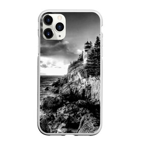 Чехол для iPhone 11 Pro матовый с принтом Маяк в Петрозаводске, Силикон |  | black   white | forest | lighthouse | photo | rocks | sea | shore | spruce | sunset | waves | берег | волны | ельник | закат | камни | лес | маяк | море