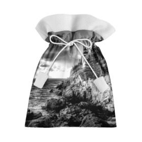 Подарочный 3D мешок с принтом Маяк в Петрозаводске, 100% полиэстер | Размер: 29*39 см | Тематика изображения на принте: black   white | forest | lighthouse | photo | rocks | sea | shore | spruce | sunset | waves | берег | волны | ельник | закат | камни | лес | маяк | море