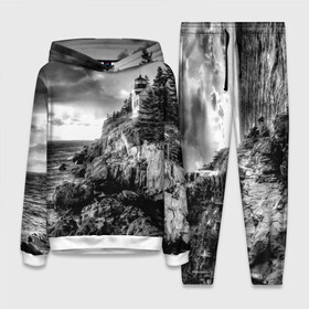 Женский костюм 3D (с толстовкой) с принтом Маяк в Петрозаводске,  |  | black   white | forest | lighthouse | photo | rocks | sea | shore | spruce | sunset | waves | берег | волны | ельник | закат | камни | лес | маяк | море