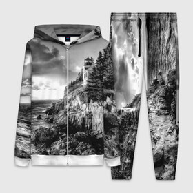 Женский костюм 3D с принтом Маяк в Петрозаводске,  |  | black   white | forest | lighthouse | photo | rocks | sea | shore | spruce | sunset | waves | берег | волны | ельник | закат | камни | лес | маяк | море