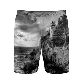 Мужские шорты 3D спортивные с принтом Маяк в Петрозаводске,  |  | Тематика изображения на принте: black   white | forest | lighthouse | photo | rocks | sea | shore | spruce | sunset | waves | берег | волны | ельник | закат | камни | лес | маяк | море