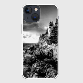 Чехол для iPhone 13 mini с принтом Маяк в Петрозаводске,  |  | black   white | forest | lighthouse | photo | rocks | sea | shore | spruce | sunset | waves | берег | волны | ельник | закат | камни | лес | маяк | море