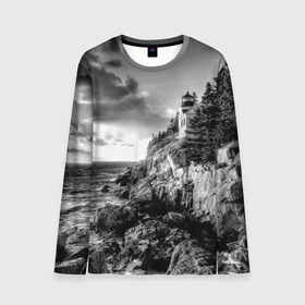 Мужской лонгслив 3D с принтом Маяк в Петрозаводске, 100% полиэстер | длинные рукава, круглый вырез горловины, полуприлегающий силуэт | black   white | forest | lighthouse | photo | rocks | sea | shore | spruce | sunset | waves | берег | волны | ельник | закат | камни | лес | маяк | море