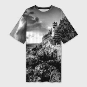 Платье-футболка 3D с принтом Маяк в Петрозаводске,  |  | black   white | forest | lighthouse | photo | rocks | sea | shore | spruce | sunset | waves | берег | волны | ельник | закат | камни | лес | маяк | море