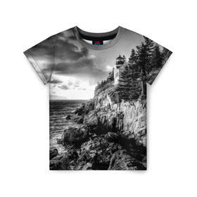 Детская футболка 3D с принтом Маяк в Петрозаводске, 100% гипоаллергенный полиэфир | прямой крой, круглый вырез горловины, длина до линии бедер, чуть спущенное плечо, ткань немного тянется | Тематика изображения на принте: black   white | forest | lighthouse | photo | rocks | sea | shore | spruce | sunset | waves | берег | волны | ельник | закат | камни | лес | маяк | море