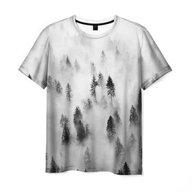 Мужская футболка 3D с принтом Ельник в тумане в Петрозаводске, 100% полиэфир | прямой крой, круглый вырез горловины, длина до линии бедер | Тематика изображения на принте: ельник | туман