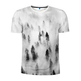 Мужская футболка 3D спортивная с принтом Ельник в тумане в Петрозаводске, 100% полиэстер с улучшенными характеристиками | приталенный силуэт, круглая горловина, широкие плечи, сужается к линии бедра | Тематика изображения на принте: ельник | туман