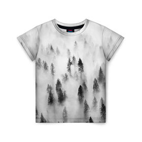 Детская футболка 3D с принтом Ельник в тумане в Петрозаводске, 100% гипоаллергенный полиэфир | прямой крой, круглый вырез горловины, длина до линии бедер, чуть спущенное плечо, ткань немного тянется | Тематика изображения на принте: ельник | туман