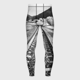 Мужские тайтсы 3D с принтом Железная дорога в Петрозаводске,  |  | black   white | landscape | mountains | photo | rail | rails | road | sky | sleepers | trees | горы | деревья | дорога | железная | небо | пейзаж | рельсы | фото | черно   белое | шпалы