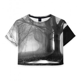 Женская футболка 3D укороченная с принтом Туман в лесу в Петрозаводске, 100% полиэстер | круглая горловина, длина футболки до линии талии, рукава с отворотами | black   white | fog | forest | morning | photo | silhouette | trees | деревья | лес | силуэт | туман | утро | фото | черно   белое