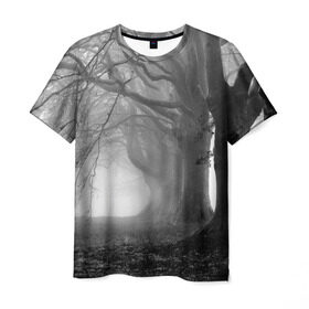 Мужская футболка 3D с принтом Туман в лесу в Петрозаводске, 100% полиэфир | прямой крой, круглый вырез горловины, длина до линии бедер | Тематика изображения на принте: black   white | fog | forest | morning | photo | silhouette | trees | деревья | лес | силуэт | туман | утро | фото | черно   белое