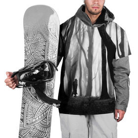 Накидка на куртку 3D с принтом Утро в лесу в Петрозаводске, 100% полиэстер |  | black   white | fog | forest | man | morning | photo | silhouette | trees | деревья | лес | силуэт | туман | утро | фото | человек | черно   белое