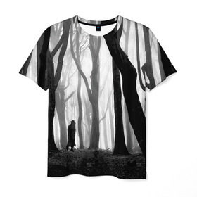 Мужская футболка 3D с принтом Утро в лесу в Петрозаводске, 100% полиэфир | прямой крой, круглый вырез горловины, длина до линии бедер | black   white | fog | forest | man | morning | photo | silhouette | trees | деревья | лес | силуэт | туман | утро | фото | человек | черно   белое