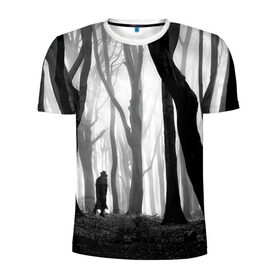 Мужская футболка 3D спортивная с принтом Утро в лесу в Петрозаводске, 100% полиэстер с улучшенными характеристиками | приталенный силуэт, круглая горловина, широкие плечи, сужается к линии бедра | Тематика изображения на принте: black   white | fog | forest | man | morning | photo | silhouette | trees | деревья | лес | силуэт | туман | утро | фото | человек | черно   белое