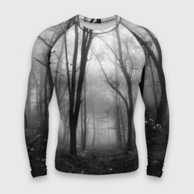 Мужской рашгард 3D с принтом Туман в лесу в Петрозаводске,  |  | black   white | fog | forest | morning | photo | silhouette | trees | деревья | лес | силуэт | туман | утро | фото | черно   белое
