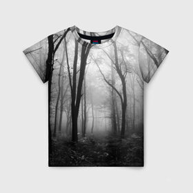 Детская футболка 3D с принтом Туман в лесу в Петрозаводске, 100% гипоаллергенный полиэфир | прямой крой, круглый вырез горловины, длина до линии бедер, чуть спущенное плечо, ткань немного тянется | black   white | fog | forest | morning | photo | silhouette | trees | деревья | лес | силуэт | туман | утро | фото | черно   белое