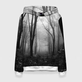 Женская толстовка 3D с принтом Туман в лесу в Петрозаводске, 100% полиэстер  | двухслойный капюшон со шнурком для регулировки, мягкие манжеты на рукавах и по низу толстовки, спереди карман-кенгуру с мягким внутренним слоем. | black   white | fog | forest | morning | photo | silhouette | trees | деревья | лес | силуэт | туман | утро | фото | черно   белое