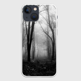 Чехол для iPhone 13 mini с принтом Туман в лесу в Петрозаводске,  |  | black   white | fog | forest | morning | photo | silhouette | trees | деревья | лес | силуэт | туман | утро | фото | черно   белое
