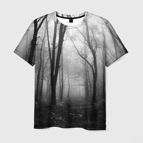 Мужская футболка 3D с принтом Туман в лесу в Петрозаводске, 100% полиэфир | прямой крой, круглый вырез горловины, длина до линии бедер | Тематика изображения на принте: black   white | fog | forest | morning | photo | silhouette | trees | деревья | лес | силуэт | туман | утро | фото | черно   белое