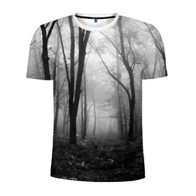 Мужская футболка 3D спортивная с принтом Туман в лесу в Петрозаводске, 100% полиэстер с улучшенными характеристиками | приталенный силуэт, круглая горловина, широкие плечи, сужается к линии бедра | Тематика изображения на принте: black   white | fog | forest | morning | photo | silhouette | trees | деревья | лес | силуэт | туман | утро | фото | черно   белое