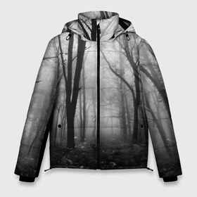 Мужская зимняя куртка 3D с принтом Туман в лесу в Петрозаводске, верх — 100% полиэстер; подкладка — 100% полиэстер; утеплитель — 100% полиэстер | длина ниже бедра, свободный силуэт Оверсайз. Есть воротник-стойка, отстегивающийся капюшон и ветрозащитная планка. 

Боковые карманы с листочкой на кнопках и внутренний карман на молнии. | Тематика изображения на принте: black   white | fog | forest | morning | photo | silhouette | trees | деревья | лес | силуэт | туман | утро | фото | черно   белое
