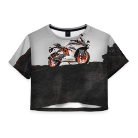 Женская футболка 3D укороченная с принтом KTM 5 в Петрозаводске, 100% полиэстер | круглая горловина, длина футболки до линии талии, рукава с отворотами | Тематика изображения на принте: ktm | moto | катээм | ктм | мото | мотоцикл | мотоциклы