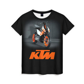 Женская футболка 3D с принтом KTM 2 в Петрозаводске, 100% полиэфир ( синтетическое хлопкоподобное полотно) | прямой крой, круглый вырез горловины, длина до линии бедер | ktm | moto | катээм | ктм | мото | мотоцикл | мотоциклы