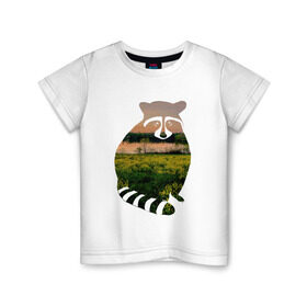 Детская футболка хлопок с принтом енот закат в Петрозаводске, 100% хлопок | круглый вырез горловины, полуприлегающий силуэт, длина до линии бедер | енот | закат | залив | зелень | лето | луг | поле | солнце