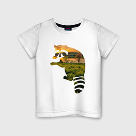 Детская футболка хлопок с принтом енот закат в Петрозаводске, 100% хлопок | круглый вырез горловины, полуприлегающий силуэт, длина до линии бедер | енот | закат | залив | зелень | лето | луг | поле | солнце