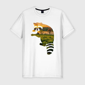 Мужская футболка премиум с принтом енот закат в Петрозаводске, 92% хлопок, 8% лайкра | приталенный силуэт, круглый вырез ворота, длина до линии бедра, короткий рукав | енот | закат | залив | зелень | лето | луг | поле | солнце