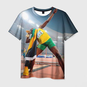 Мужская футболка 3D с принтом Болт в Петрозаводске, 100% полиэфир | прямой крой, круглый вырез горловины, длина до линии бедер | bolt | атлетика | бег | олимпиада | усэйн