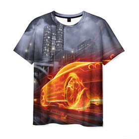Мужская футболка 3D с принтом Огненная погоня в Петрозаводске, 100% полиэфир | прямой крой, круглый вырез горловины, длина до линии бедер | авто | гонки | дым | машина | огонь | пламя