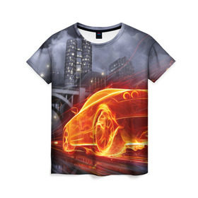 Женская футболка 3D с принтом Огненная погоня в Петрозаводске, 100% полиэфир ( синтетическое хлопкоподобное полотно) | прямой крой, круглый вырез горловины, длина до линии бедер | авто | гонки | дым | машина | огонь | пламя