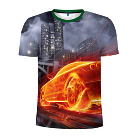 Мужская футболка 3D спортивная с принтом Огненная погоня в Петрозаводске, 100% полиэстер с улучшенными характеристиками | приталенный силуэт, круглая горловина, широкие плечи, сужается к линии бедра | авто | гонки | дым | машина | огонь | пламя