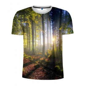 Мужская футболка 3D спортивная с принтом Утро в лесу в Петрозаводске, 100% полиэстер с улучшенными характеристиками | приталенный силуэт, круглая горловина, широкие плечи, сужается к линии бедра | bright | fog | forest | morning | sun | tree | trees | дерево | деревья | лес | солнце | туман | утро | яркое