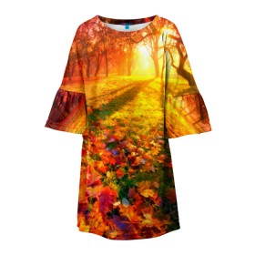 Детское платье 3D с принтом Осень в Петрозаводске, 100% полиэстер | прямой силуэт, чуть расширенный к низу. Круглая горловина, на рукавах — воланы | Тематика изображения на принте: autumn | bright | colors | forest | trees | деревья | краски | лес | лучи | осень | солнце | цвета | яркие