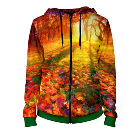 Женская толстовка 3D на молнии с принтом Осень в Петрозаводске, 100% полиэстер | длина до линии бедра, манжеты и пояс оформлены мягкой тканевой резинкой, двухслойный капюшон со шнурком для регулировки, спереди молния, по бокам два кармана | autumn | bright | colors | forest | trees | деревья | краски | лес | лучи | осень | солнце | цвета | яркие