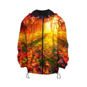 Детская куртка 3D с принтом Осень в Петрозаводске, 100% полиэстер | застежка — молния, подол и капюшон оформлены резинкой с фиксаторами, по бокам — два кармана без застежек, один потайной карман на груди, плотность верхнего слоя — 90 г/м2; плотность флисового подклада — 260 г/м2 | autumn | bright | colors | forest | trees | деревья | краски | лес | лучи | осень | солнце | цвета | яркие