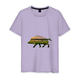 Мужская футболка хлопок с принтом кабан закат в Петрозаводске, 100% хлопок | прямой крой, круглый вырез горловины, длина до линии бедер, слегка спущенное плечо. | закат | залив | зелень | кабан | лето | луг | поле | солнце