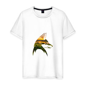 Мужская футболка хлопок с принтом лиса закат в Петрозаводске, 100% хлопок | прямой крой, круглый вырез горловины, длина до линии бедер, слегка спущенное плечо. | закат | залив | зелень | лето | лис | лиса | луг | поле | солнце