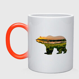 Кружка хамелеон с принтом медведь закат в Петрозаводске, керамика | меняет цвет при нагревании, емкость 330 мл | закат | залив | зелень | лето | луг | медведь | мишка | поле | солнце